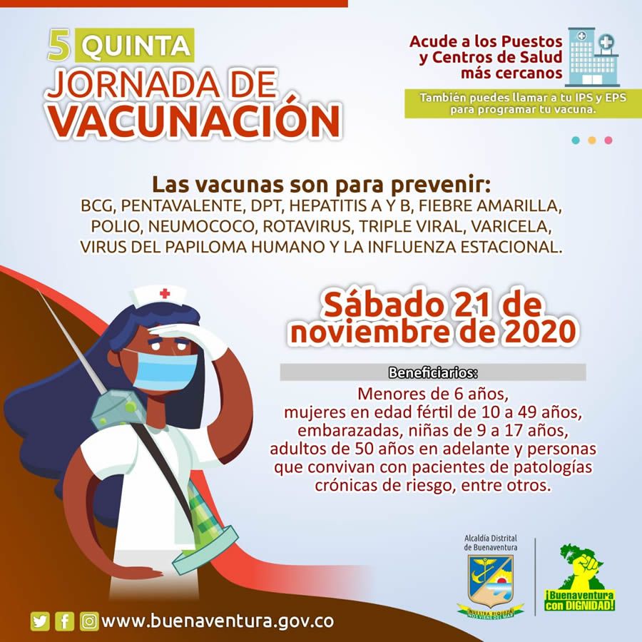 Secretaría de Salud invita a la quinta y última jornada de vacunación en Buenaventura este sábado 21 de Noviembre 