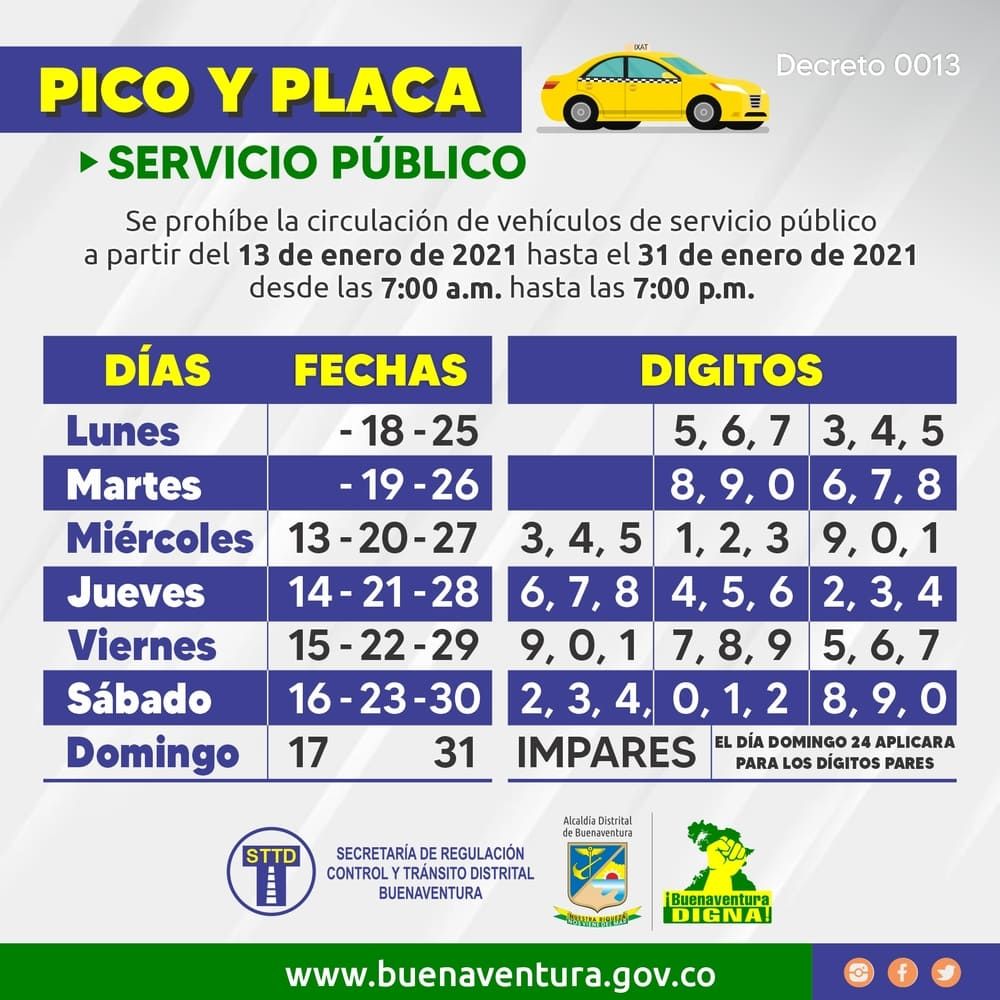 Se establece rotación de pico y placa para vehículos servicio público en Buenaventura