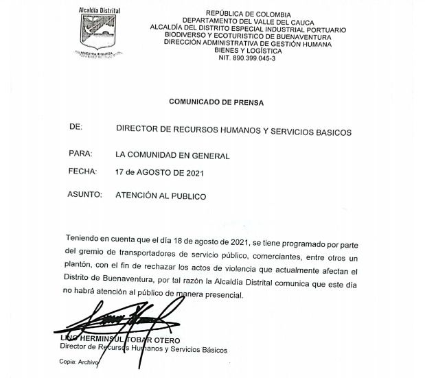 Comunicado General (Atención al público agosto 18 de 2021)