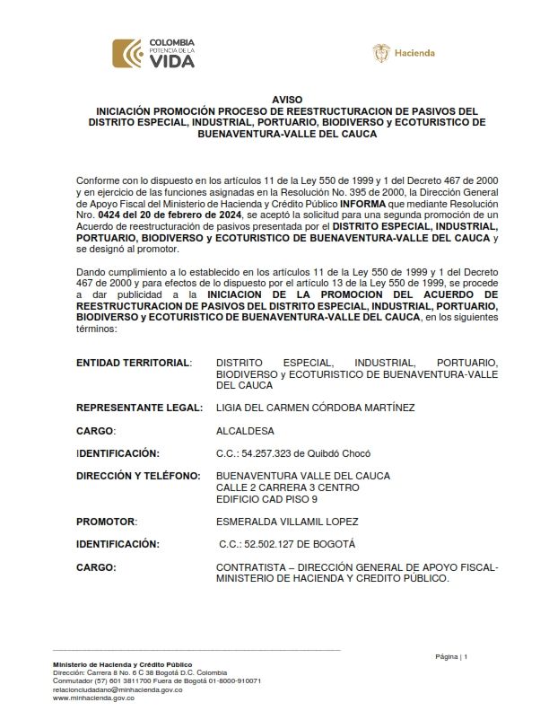 INICIACI&Oacute;N PROMOCI&Oacute;N PROCESO DE REESTRUCTURACION DE PASIVOS DEL DISTRITO ESPECIAL, INDUSTRIAL, PORTUARIO, BIODIVERSO y ECOTURISTICO DE BUENAVENTURA-VALLE DEL CAUCA