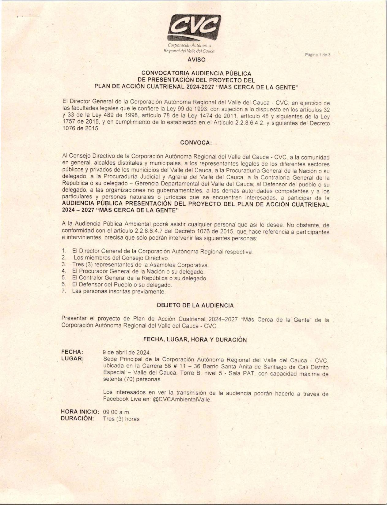 Convocatoria Audiencia Pública de presentación del Proyecto del Plan de Acción Cuatrienal 2024-2027
