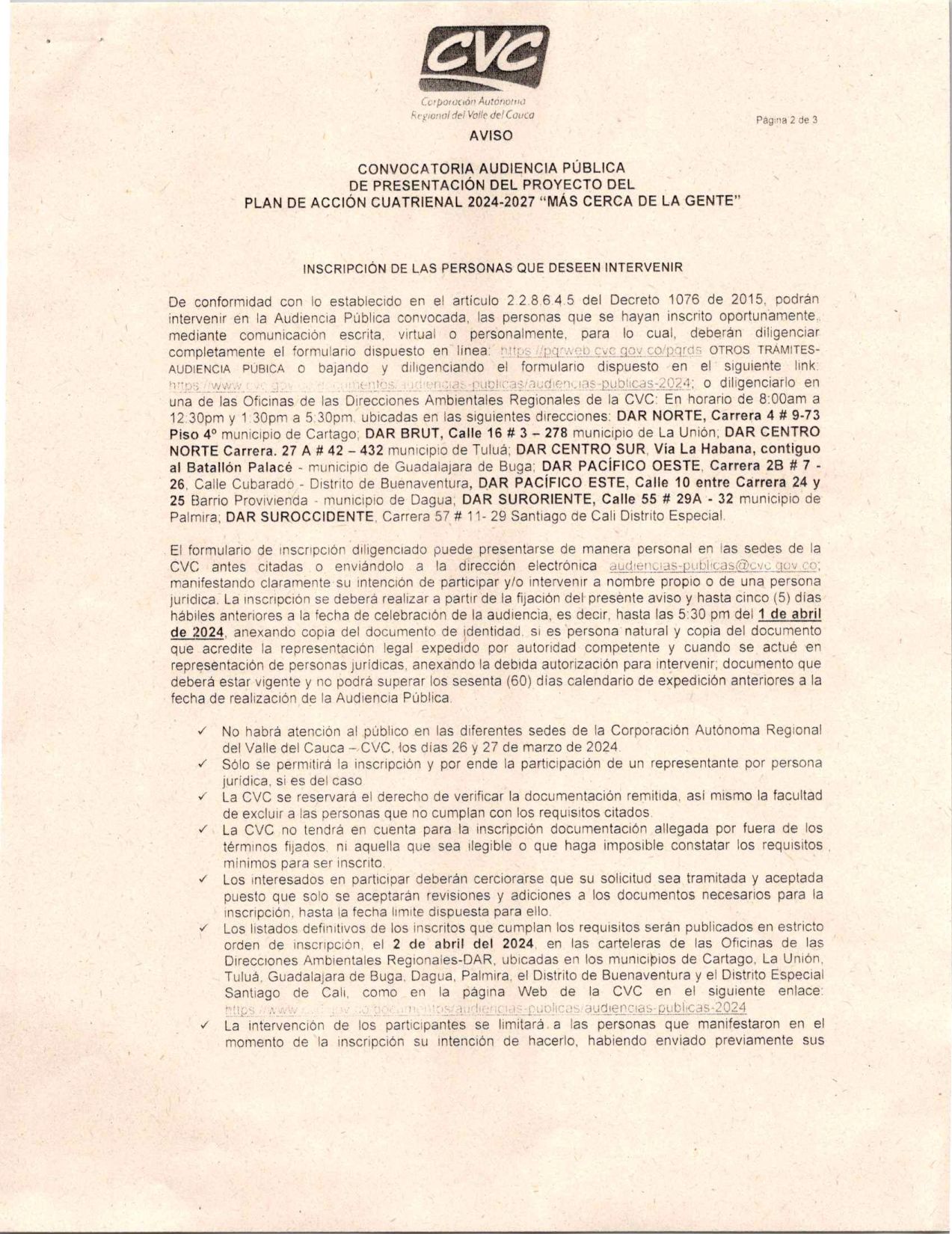 Convocatoria Audiencia Pública de presentación del Proyecto del Plan de Acción Cuatrienal 2024-2027