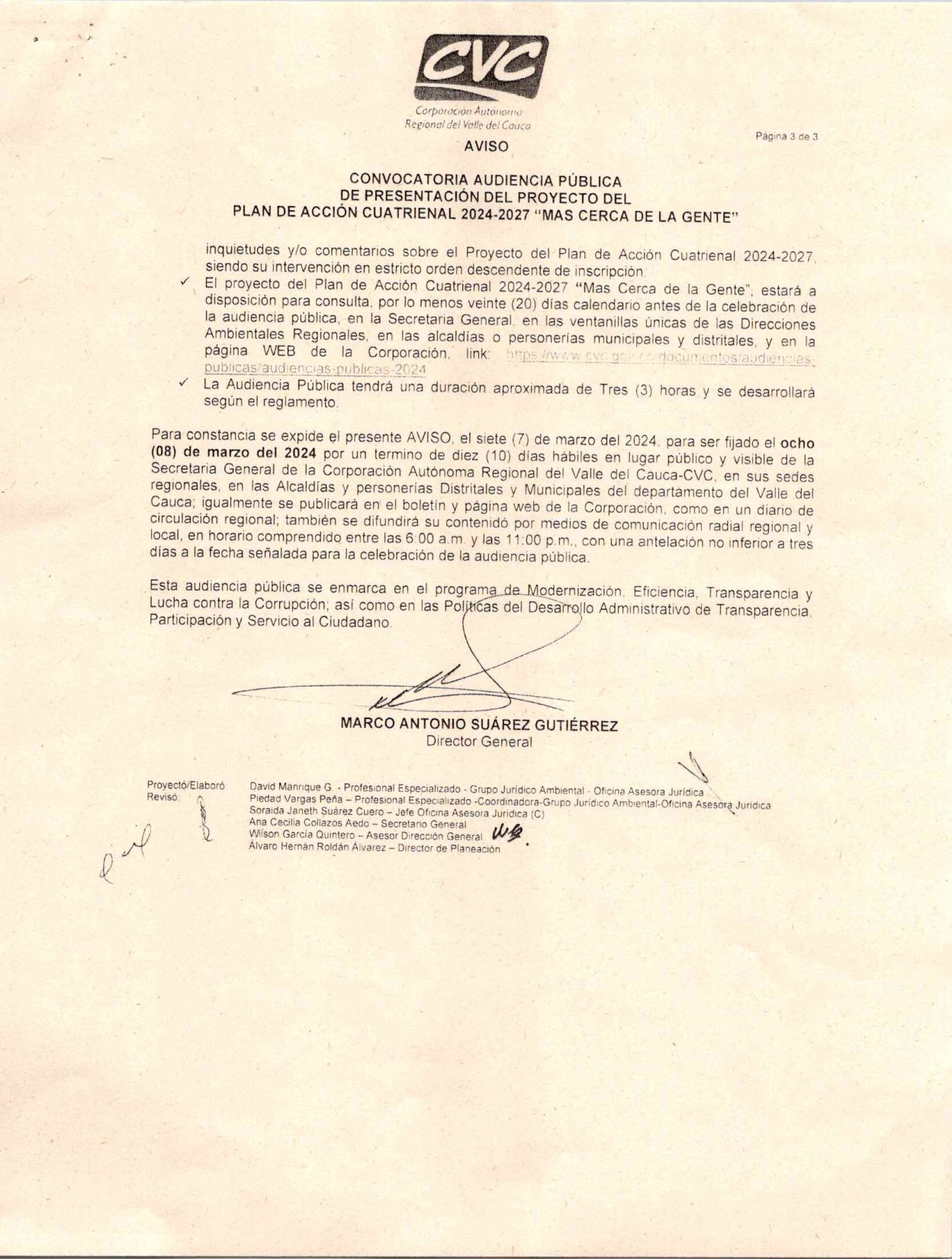 Convocatoria Audiencia Pública de presentación del Proyecto del Plan de Acción Cuatrienal 2024-2027