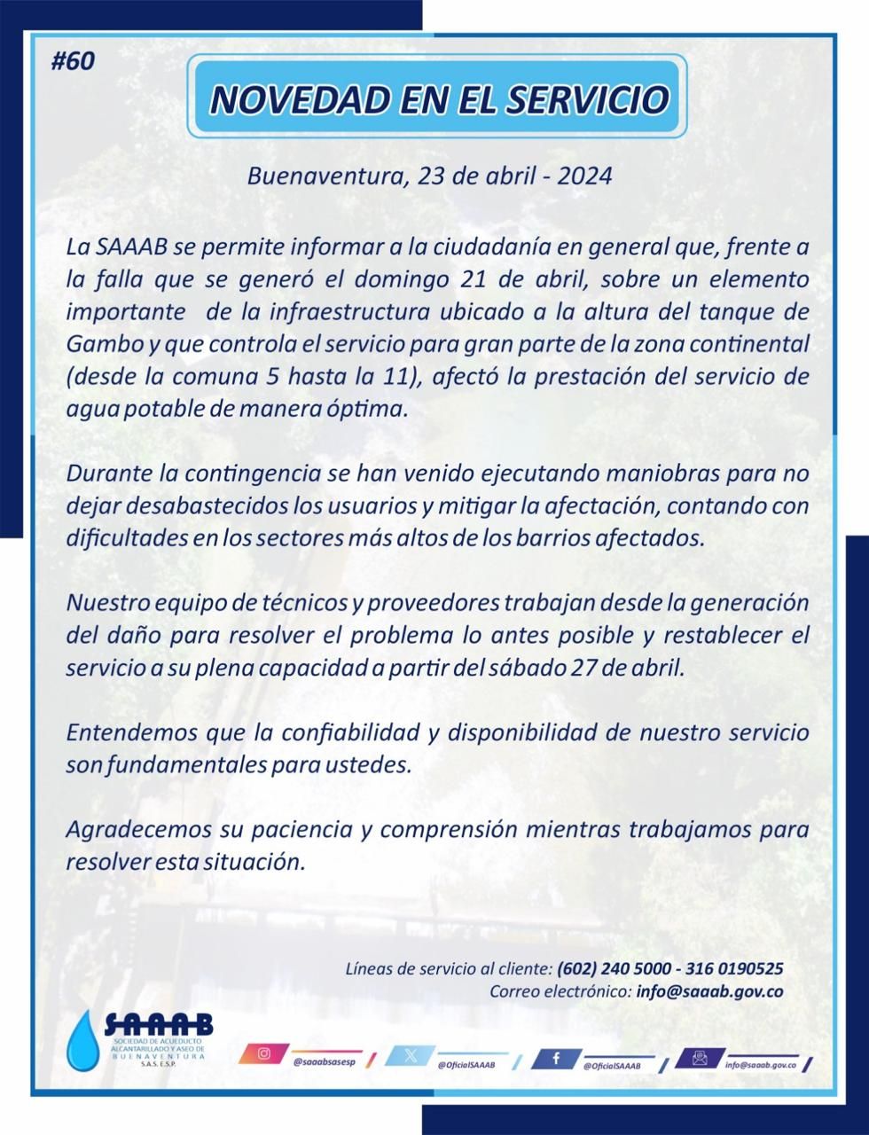Novedades del Servicio de Agua