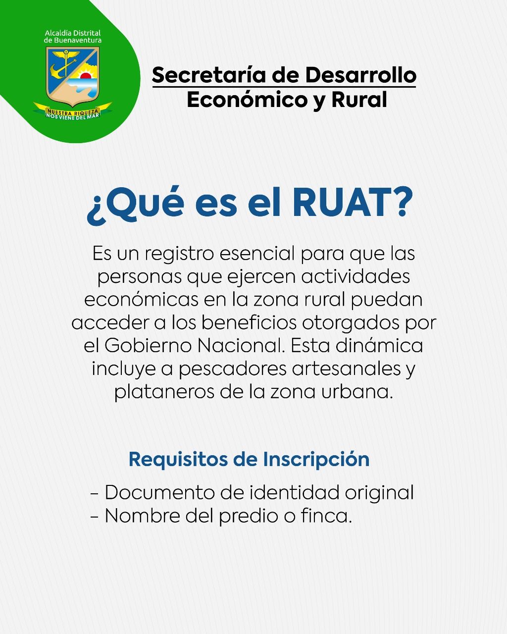 Jornada de Inscripción al Registro de Usuarios de la Asistencia Técnica (RUAT) se realizará en Buenaventura
