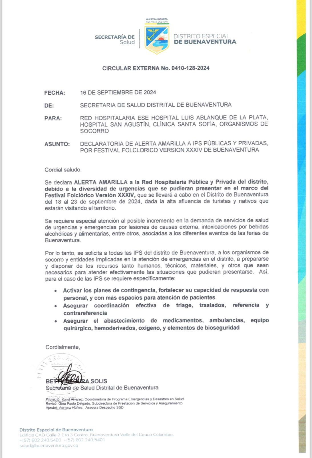 Secretaría de Salud emite alerta en el marco del Festival Folclórico del Pacífico
