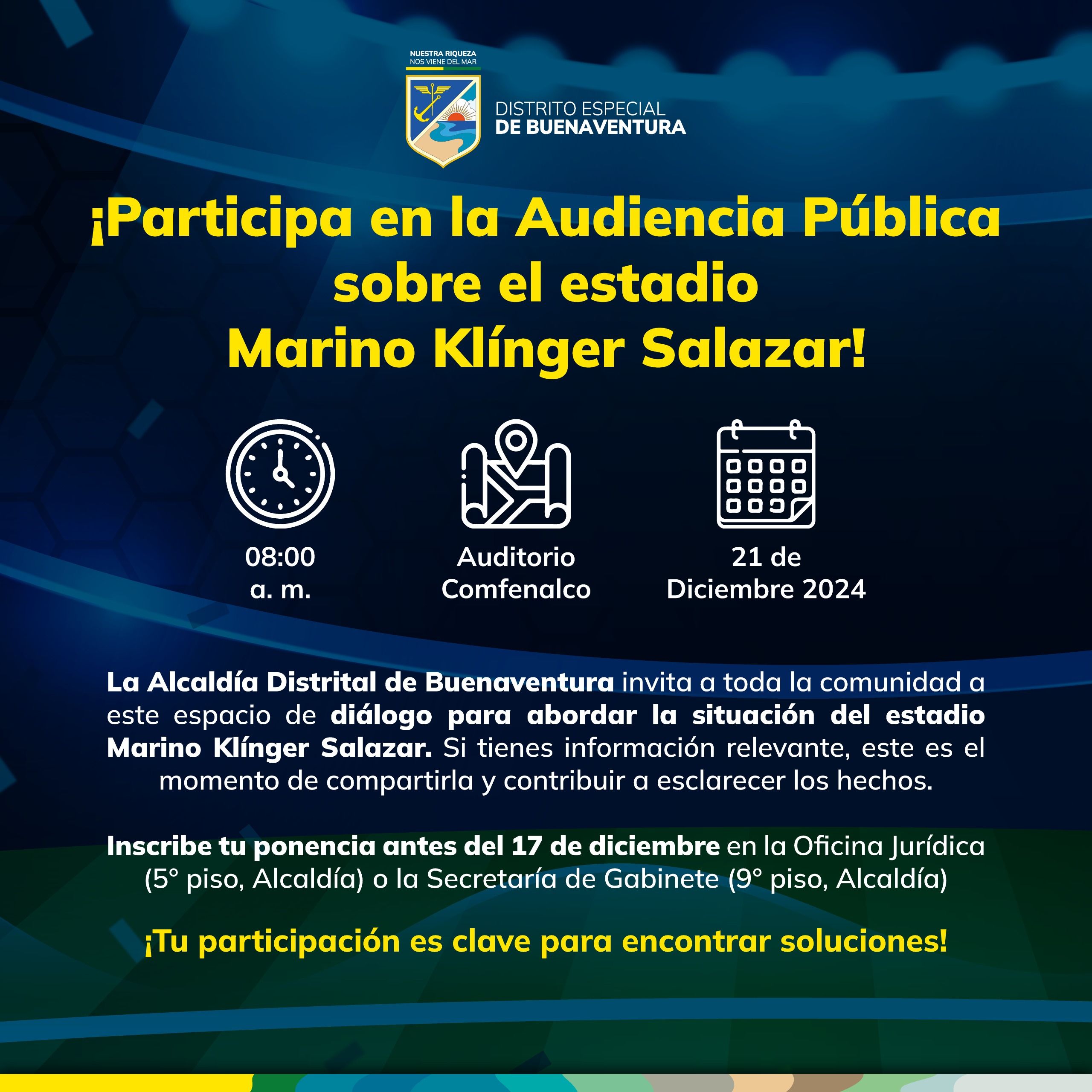 El 21 de diciembre la Alcaldía Distrital realizará Audiencia Pública sobre el estadio Marino Klínger Salazar
