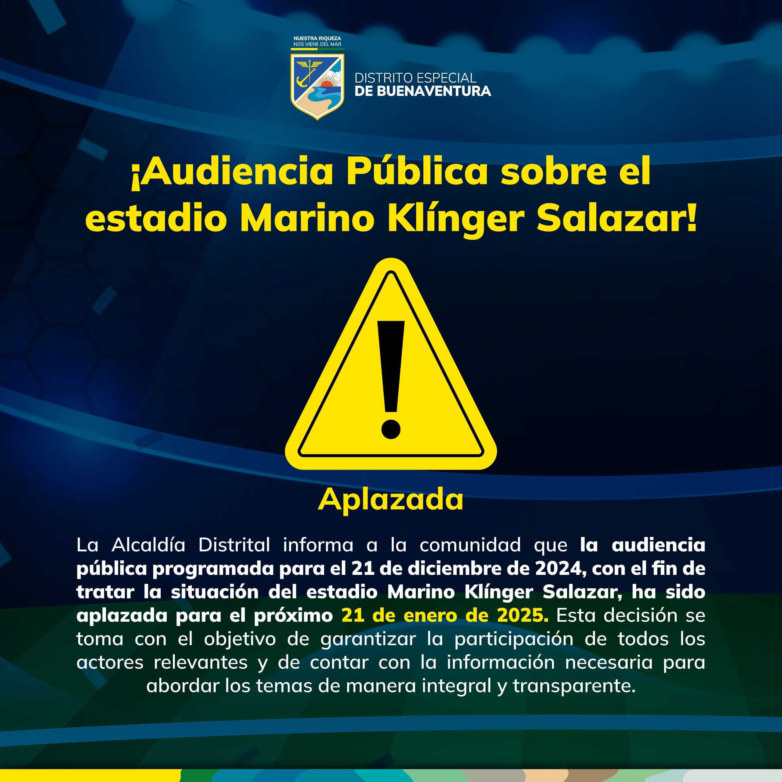 Audiencia Pública del estadio Marino Klínger Salazar fue aplazada para el próximo año