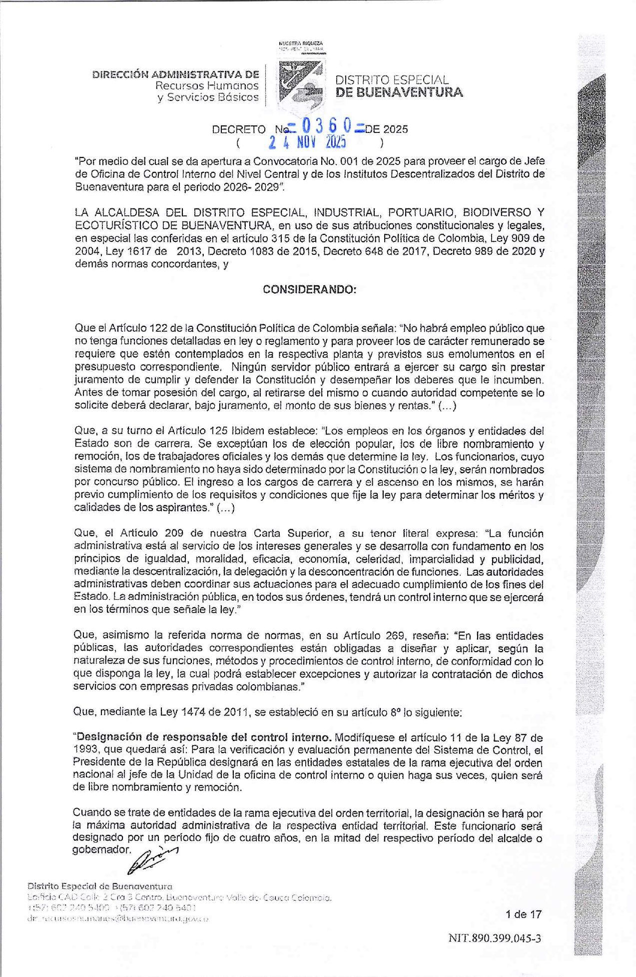 Apertura a Convocatoria No. 001 de 2025 para proveer el cargo de Jefe de Oficina de Control Interno del Nivel Central y de los Institutos Descentralizados del Distrito de Buenaventura para el periodo 2026-2029