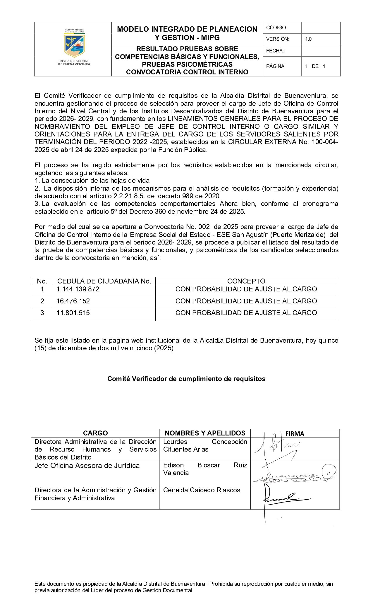 Resultado pruebas sobre competencias b&aacute;sica y funcionales, pruebas psicom&eacute;tricas convocatoria control interno de la Empresa Social del Estado ESE San Agust&iacute;n (Puerto Merizalde)