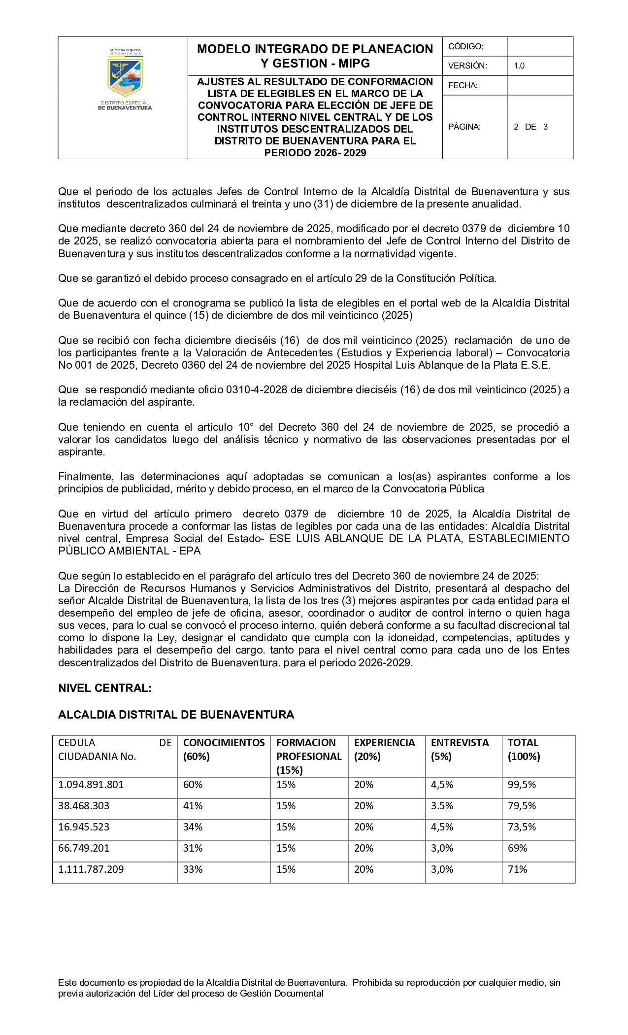 Ajustes al resultado de conformaci&oacute;n lista de elegibles en el marco de la convocatoria para lecci&oacute;n de Jefe de Control Interno Nivel Central y de los Institutos Descentralizados del Distrito de Buenaventura para el periodo 2026- 2029