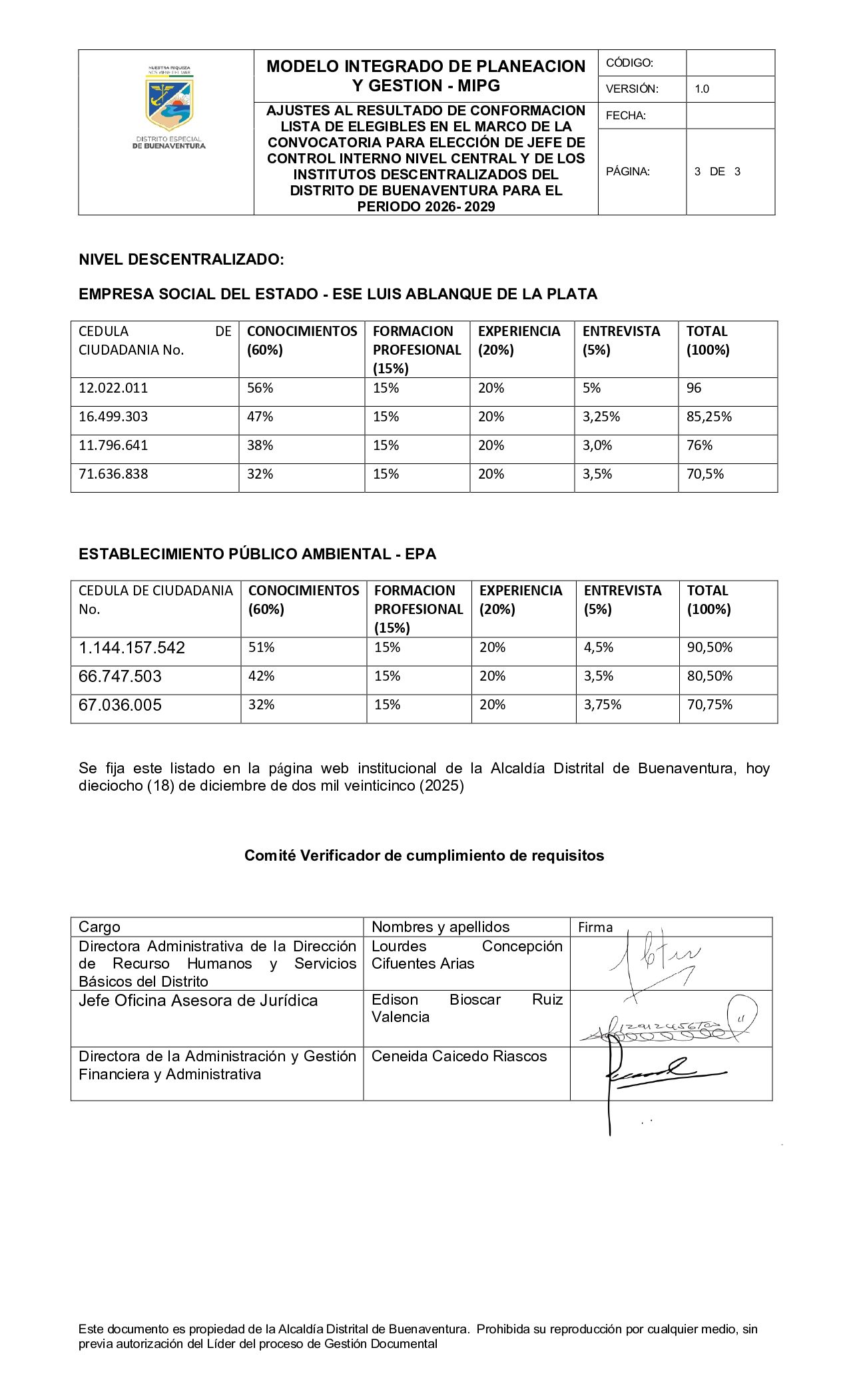 Ajustes al resultado de conformaci&oacute;n lista de elegibles en el marco de la convocatoria para lecci&oacute;n de Jefe de Control Interno Nivel Central y de los Institutos Descentralizados del Distrito de Buenaventura para el periodo 2026- 2029