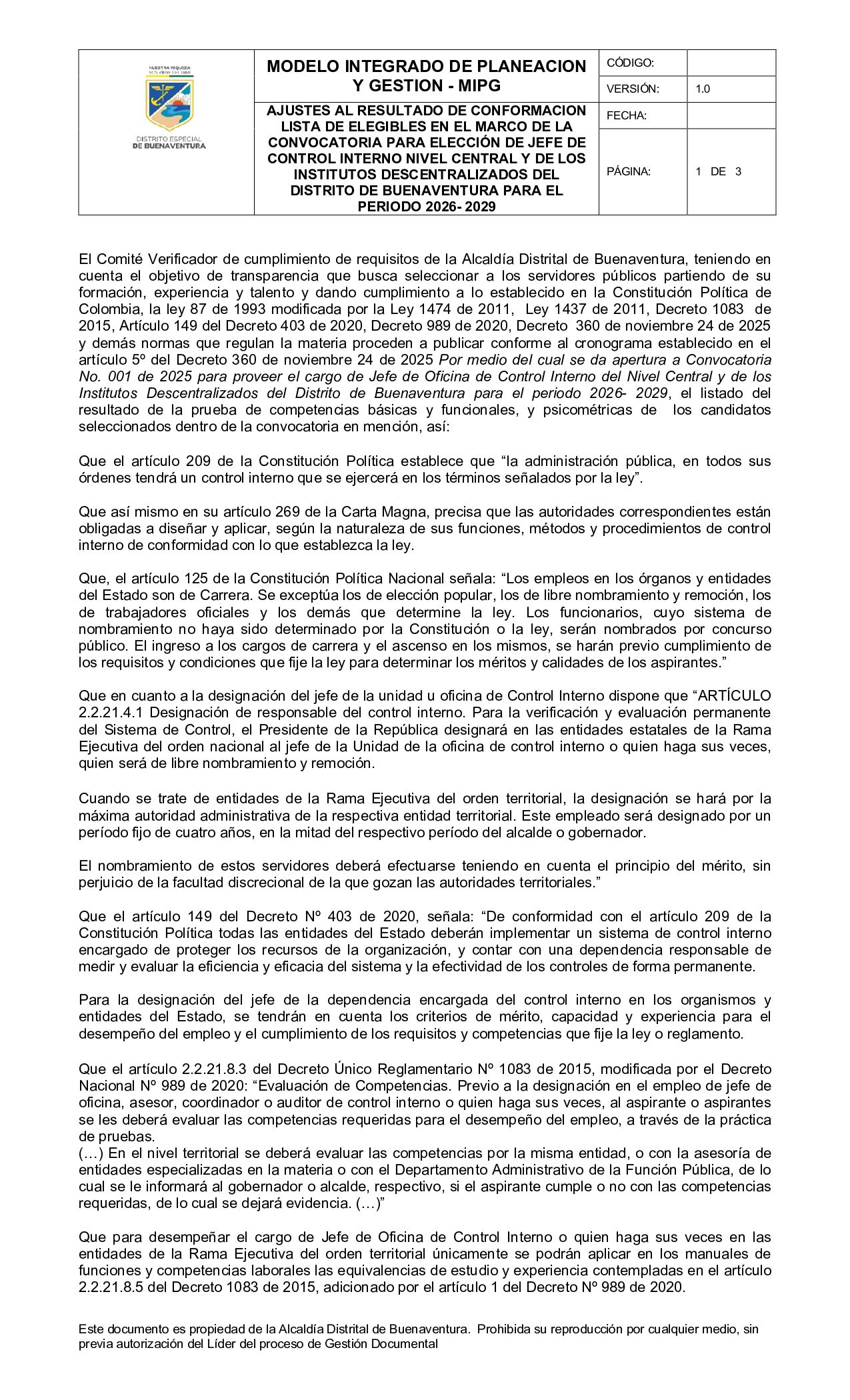 Ajustes al resultado de conformaci&oacute;n lista de elegibles en el marco de la convocatoria para lecci&oacute;n de Jefe de Control Interno Nivel Central y de los Institutos Descentralizados del Distrito de Buenaventura para el periodo 2026- 2029