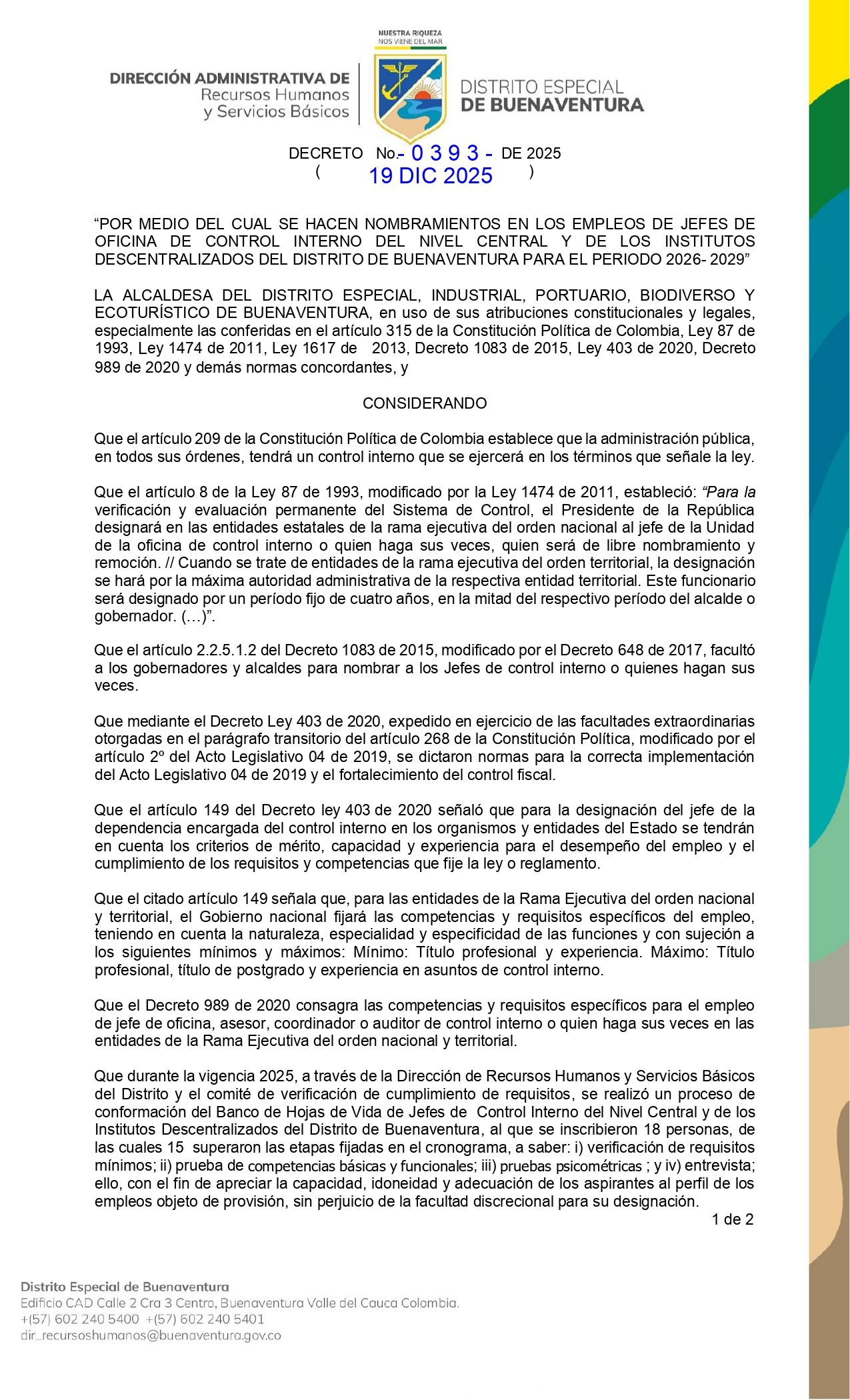 Por medio del cual se hacen nombramientos en los empleos de Jefes de Oficina de Control Interno del Nivel Central y de los Institutos Descentralizados del Distrito De Buenaventura para el periodo 2026- 2029