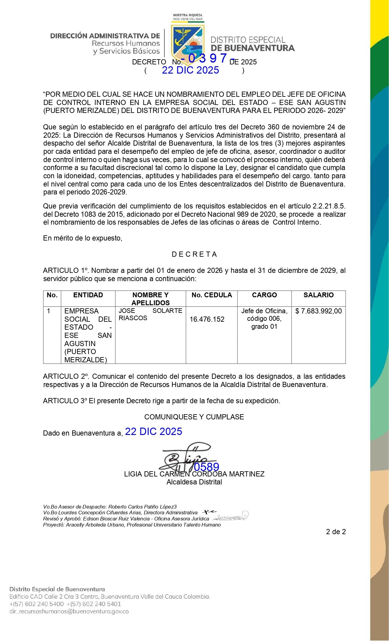 Por medio del cual se hace un nombramiento del empleo del Jefe de Oficina de Control en la Empresa Social del Estado- ESE San Agustin (Puerto Merizalde del Distrito de Buenaventura para el periodo 2026 -2029