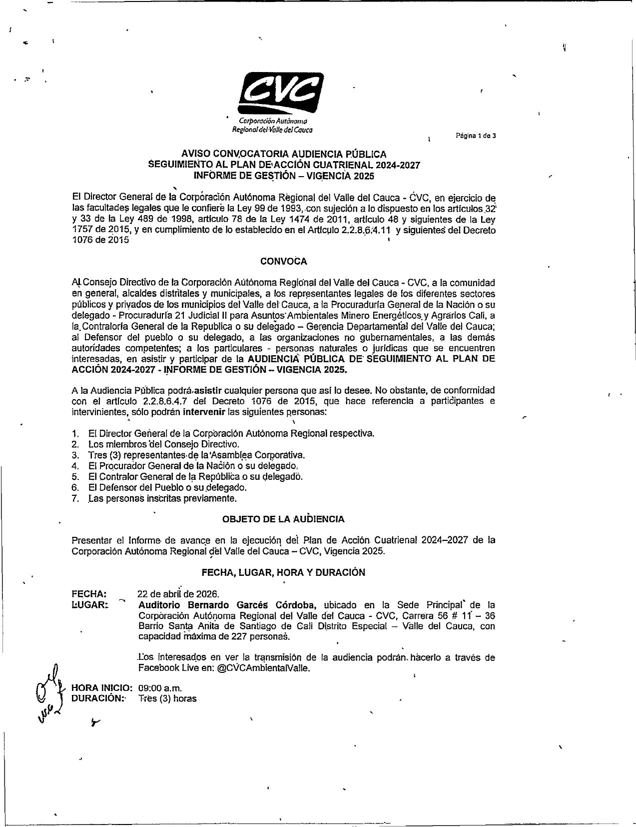 Aviso convocatoria audiencia publica seguimiento al plan de acci&oacute;n cuatrienal 2024-2027 informe de gesti&oacute;n- vigencia 2025