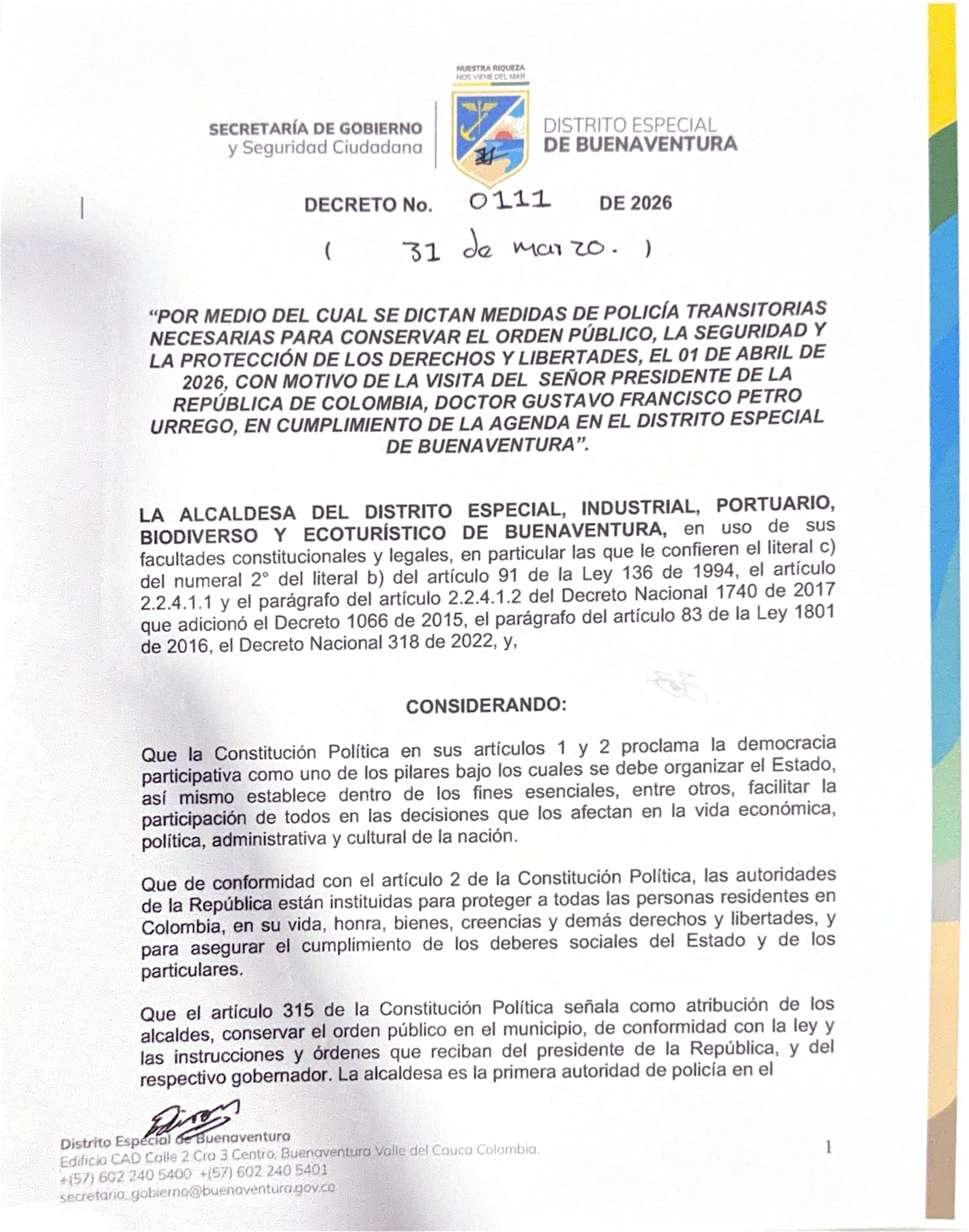 Decreto No. 0111 (marzo 31 de 2026)  Por Medio Del Cual Se Dictan Medidas De Policia Transitorias Necesarias Para Conservar El Orden Publico