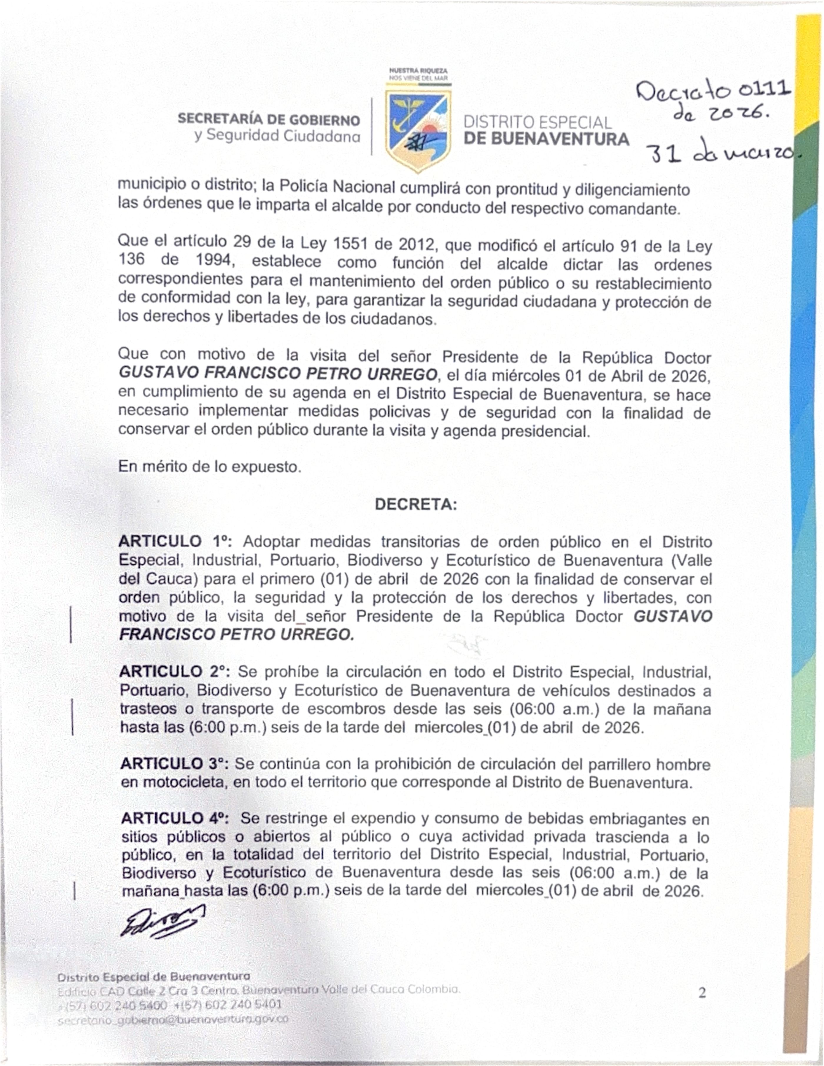 Decreto No. 0111 (marzo 31 de 2026)  Por Medio Del Cual Se Dictan Medidas De Policia Transitorias Necesarias Para Conservar El Orden Publico