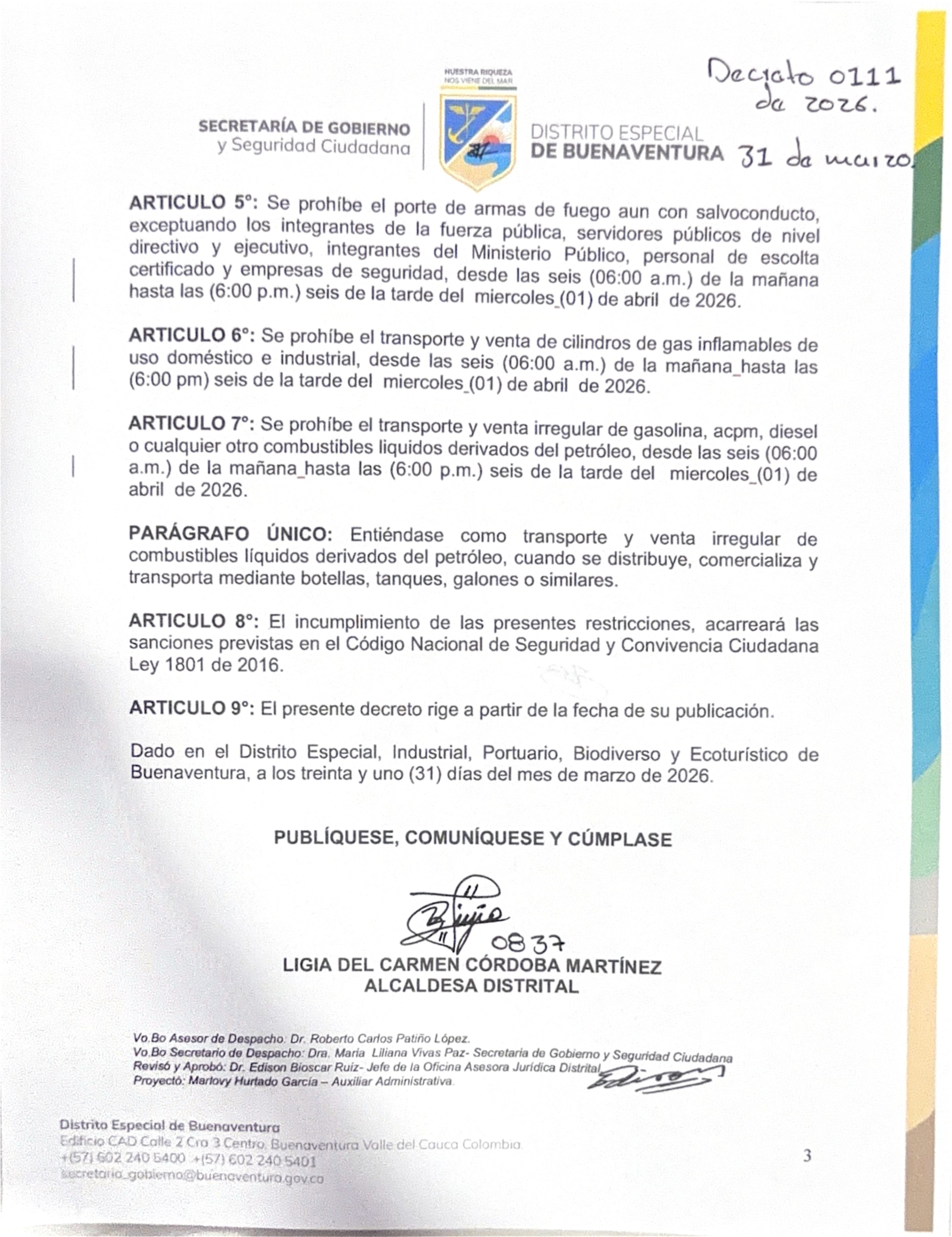 Decreto No. 0111 (marzo 31 de 2026)  Por Medio Del Cual Se Dictan Medidas De Policia Transitorias Necesarias Para Conservar El Orden Publico