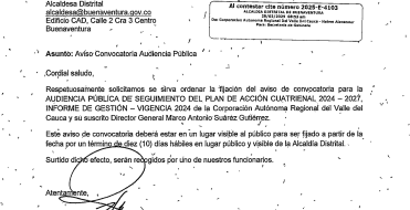 Aviso de Convocatoria Audiencia Pública de Seguimiento del Plan de Acción Cuatrienal 2024-2027, Informe de Gestión 2024- Corporación Autónoma Regional del Valle del Cauca- CVC