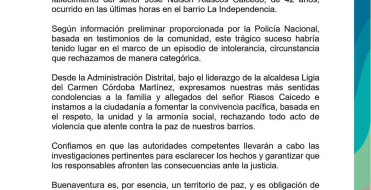 La Alcaldía Distrital de Buenaventura lamenta  profundamente el fallecimiento del señor José Nulson Riascos Caicedo