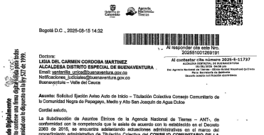 Fijacion Aviso Auto Inicio - Titulación Colectiva Consejo Comunitario de la Comunidad Negra de Papagayo, Medio y Alto San Joaquín de Agua Dulce