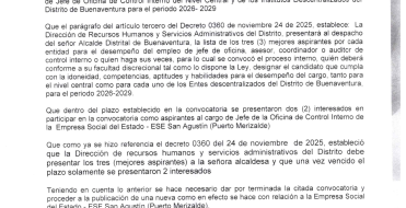 Comunicado oficial por el cual se declara desierta la convocatoria No. 001 de 2025 para proveer el cargo de Jefe de Oficina de Control Interno de la Empresa Social del Estado- ESE San Agustín (Puerto Merizalde)