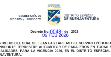 Decreto No. 0048 (febrero 09 de 2026) Por medio del cual se Fijan las Tarifas del Servicio P&uacute;blico de Transporte Terrestre Automotor de Pasajeros