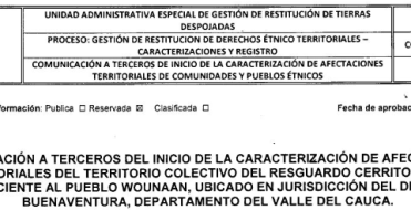 Comunicaci&oacute;n a terceros del inicio de la caracterizaci&oacute;n de afectaciones territoriales de comunidades y pueblos &eacute;tnicos