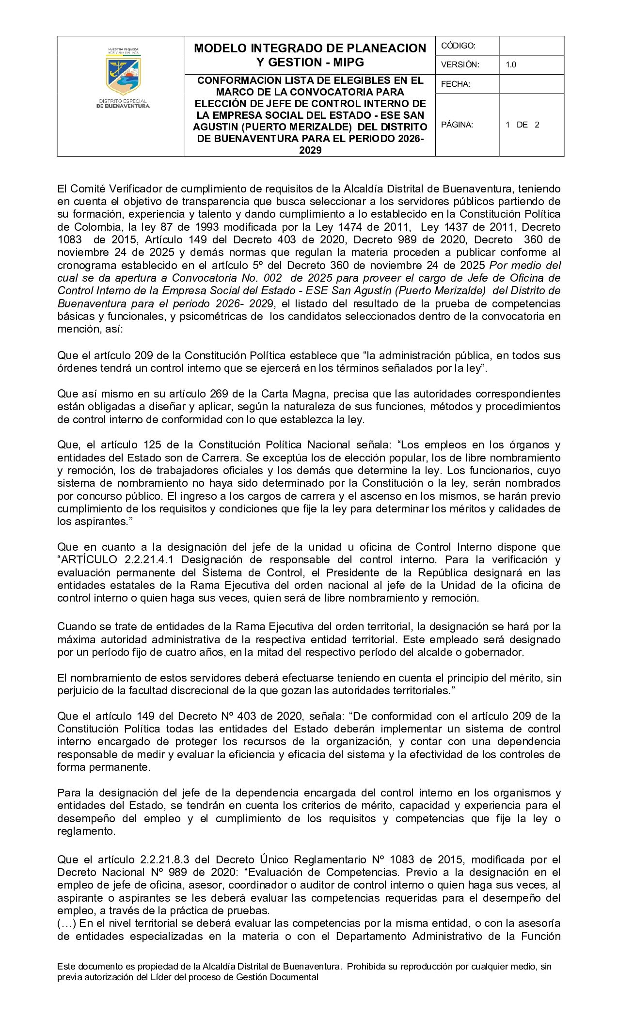 Conformación lista de elegibles en el marco de la convocatoria para elección de Jefe de Control Interno de la Empresa Social del Estado - ESE San Agustín (Puerto Merizalde) del Distrito de Buenaventura para el periodo 2026-2029