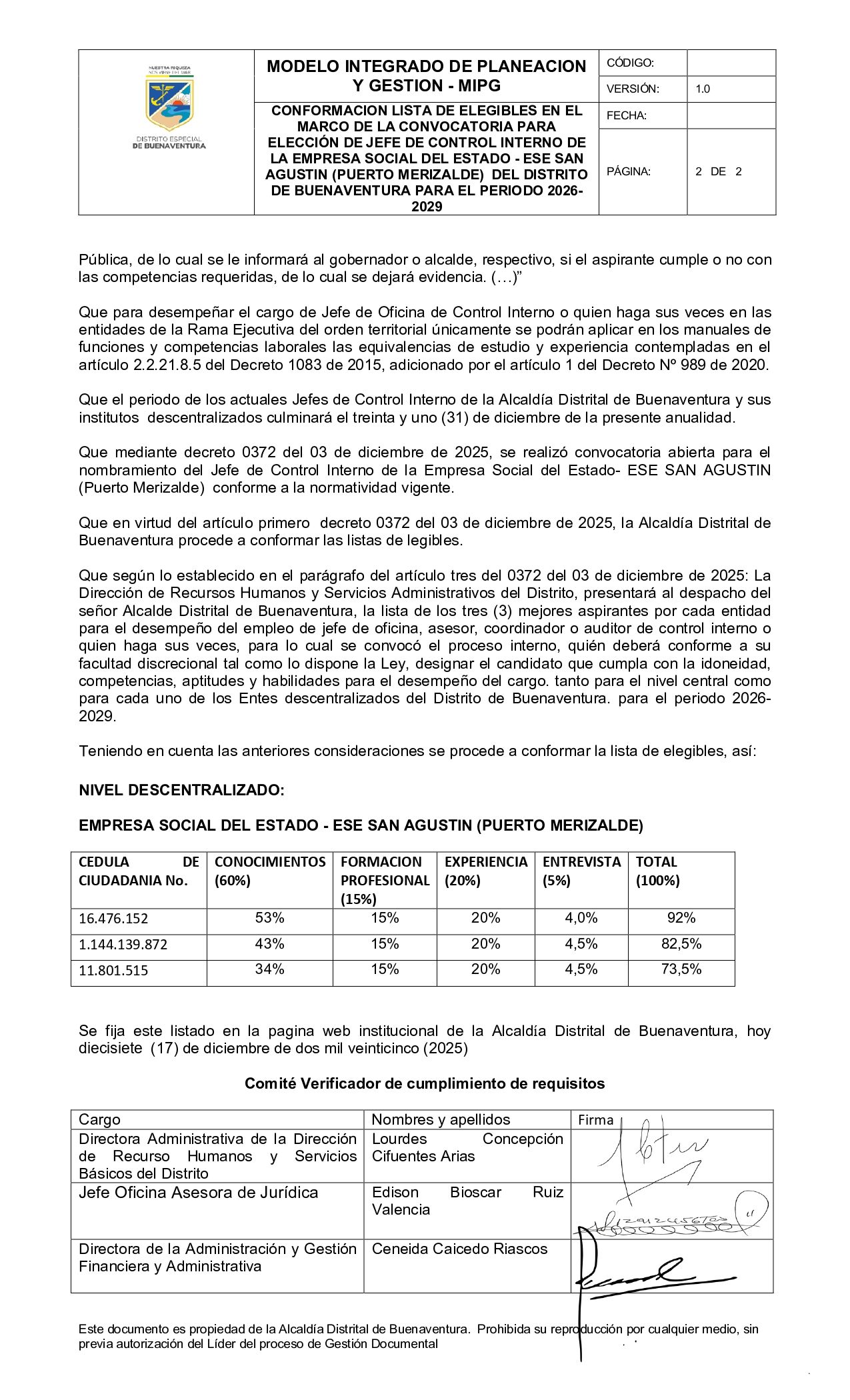 Conformación lista de elegibles en el marco de la convocatoria para elección de Jefe de Control Interno de la Empresa Social del Estado - ESE San Agustín (Puerto Merizalde) del Distrito de Buenaventura para el periodo 2026-2029