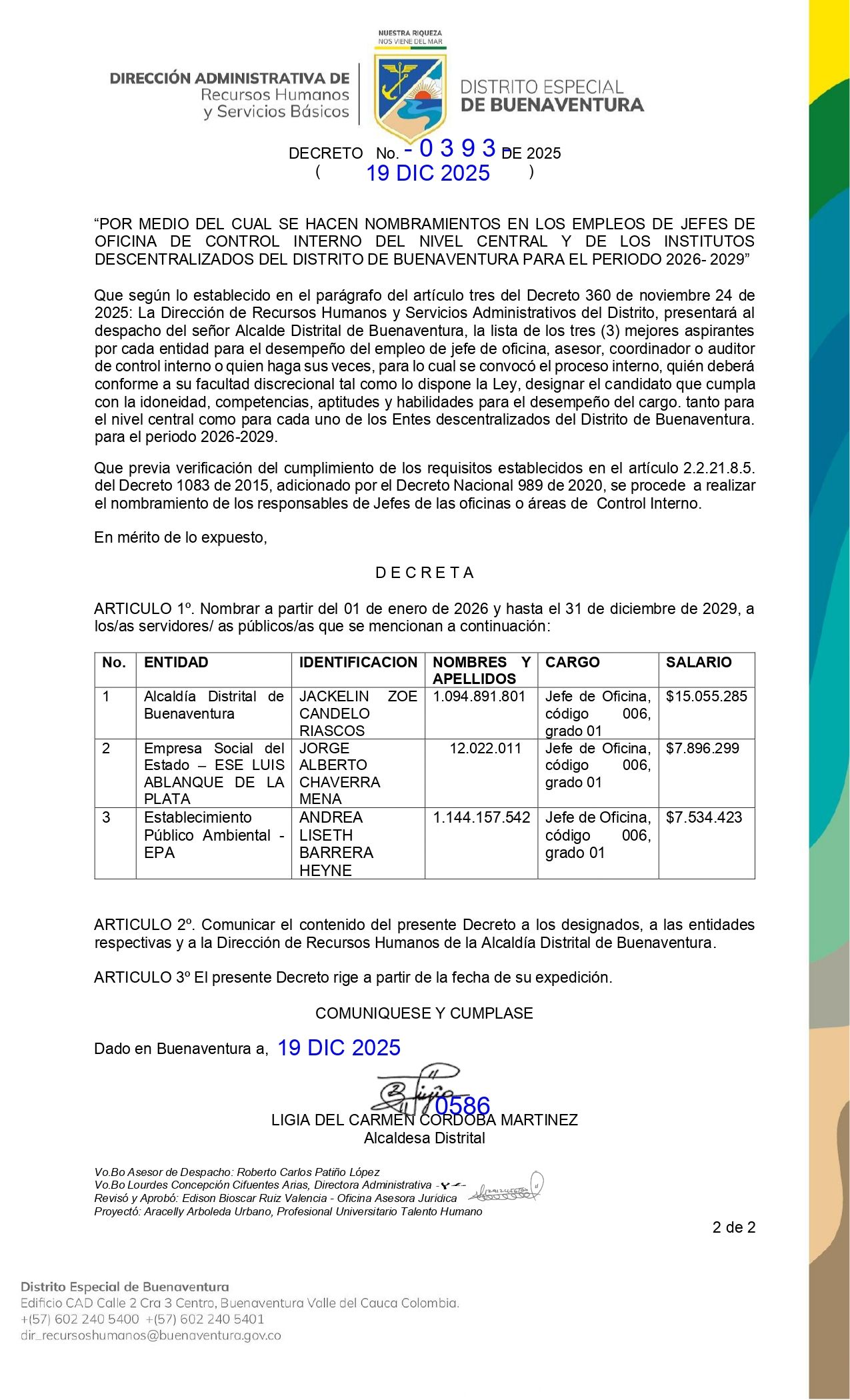 Por medio del cual se hacen nombramientos en los empleos de Jefes de Oficina de Control Interno del Nivel Central y de los Institutos Descentralizados del Distrito De Buenaventura para el periodo 2026- 2029